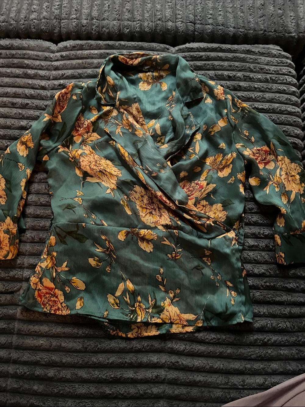 Emerald Green Floral Wrap Blouse Charolette russe